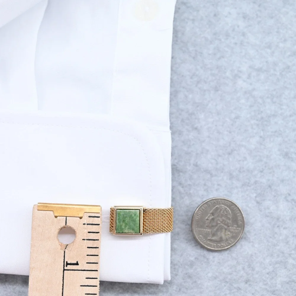 Vintage Gold Mesh Wrap Cufflinks Faux Jade Square Excellent Retro 70s Luxe